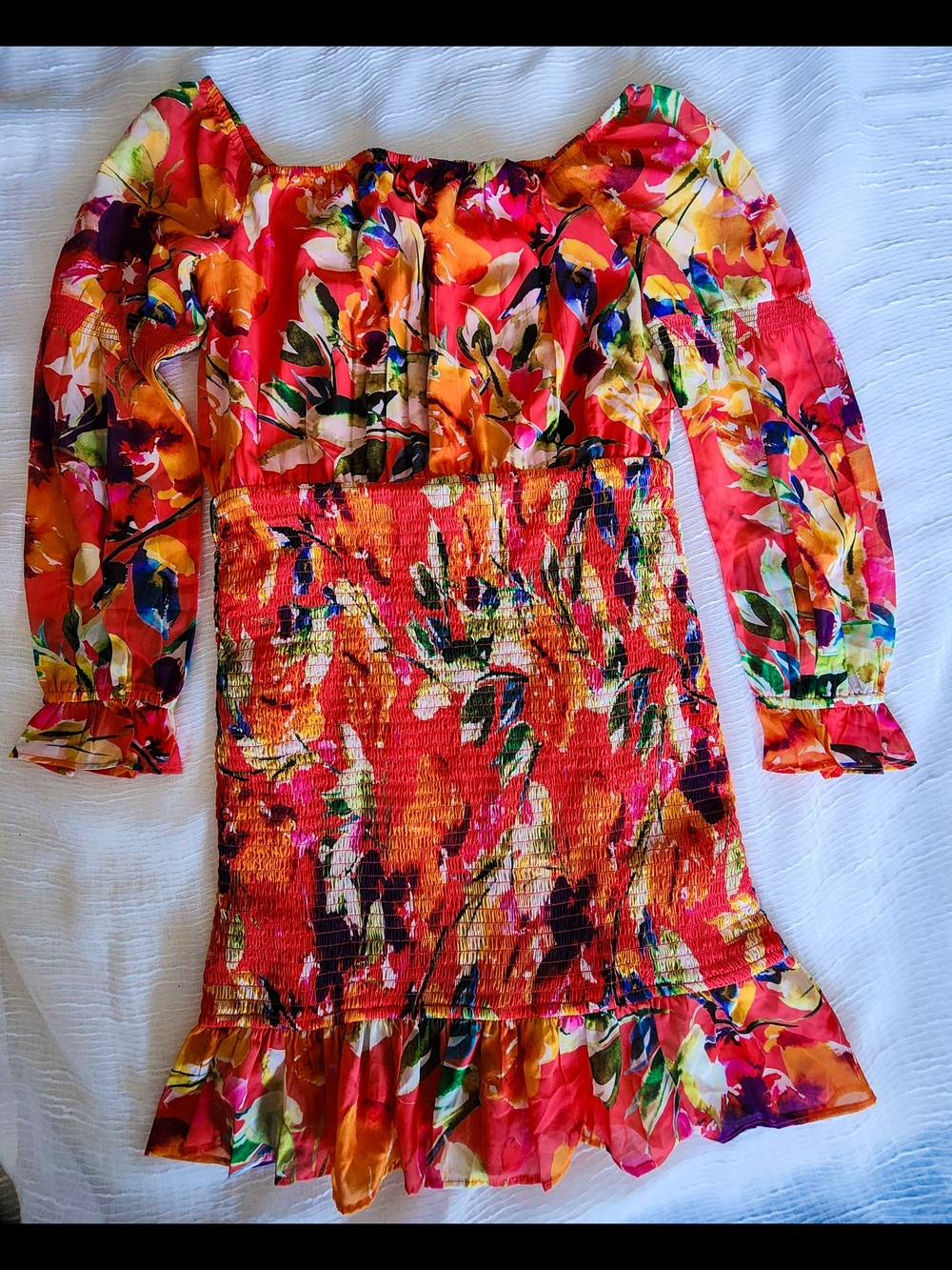 GUESS Floral Off-The-Shoulder Smocked Mini Dress - Vibrant Summer Look